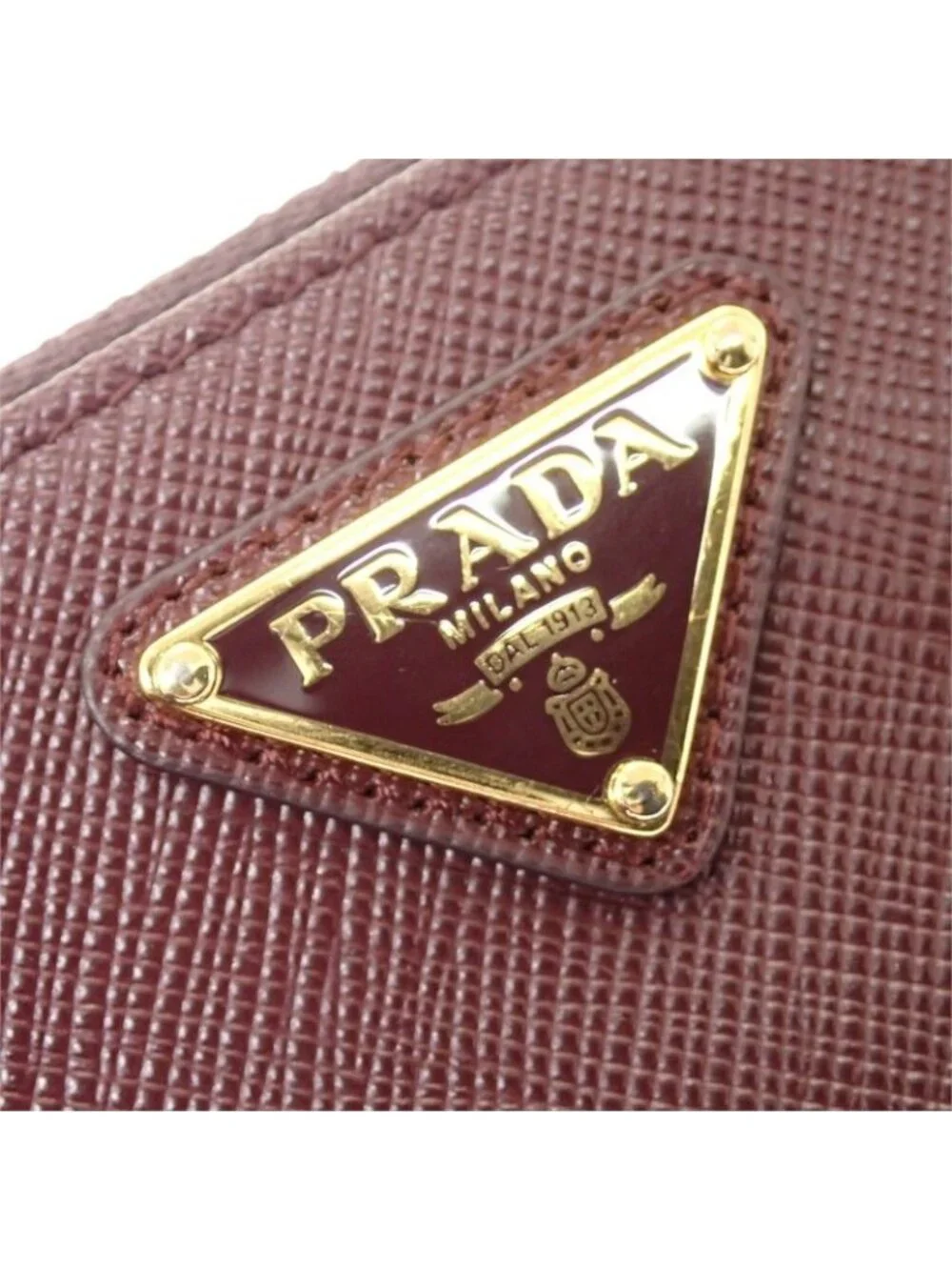 Prada Saffiano Triangle Card Case Bordeaux Burgundy Gold Genus